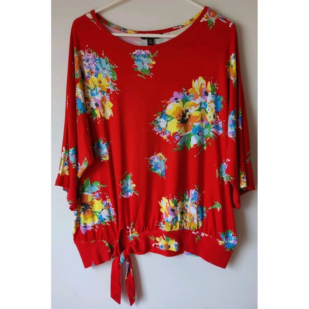Lauren Ralph Lauren‎ Women's Red Bright  Floral Tie Accent Short Sleeve Size L